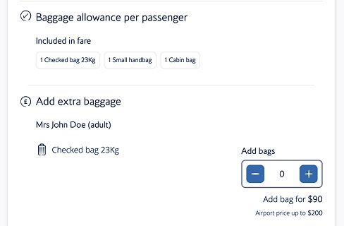 Inconsistent baggage allowance cards on the Extras page