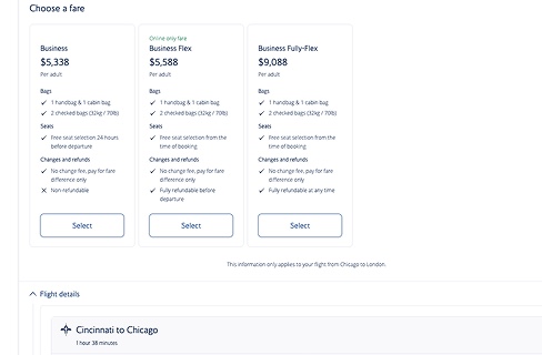 BA fare tier cards during flight selection