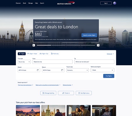The travel class field autofilled to Economy on the BA landing page