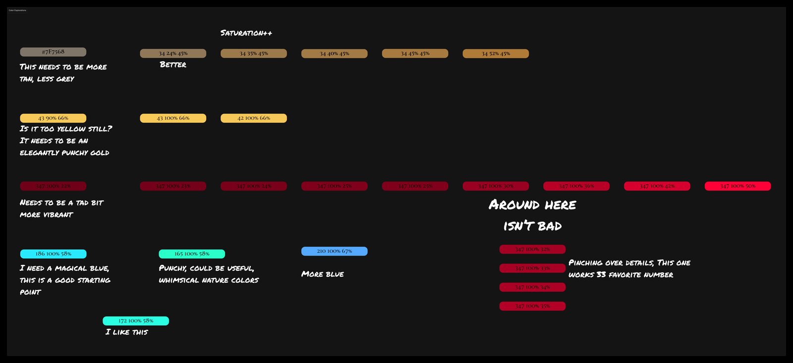 Color exploration canvas with iteration notes